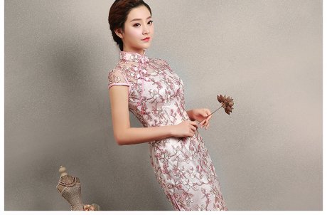 粉色繡花旗袍，蕾絲短款旗袍裙