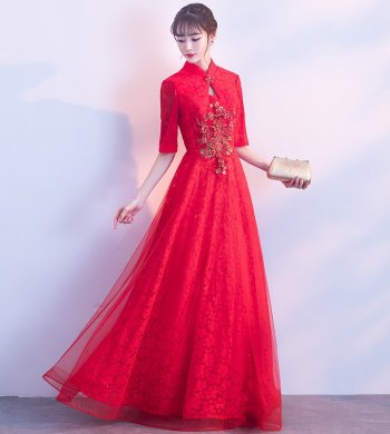典雅氣質(zhì)中式禮服，網(wǎng)紗蕾絲晚禮服