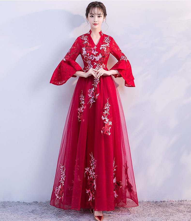 時尚喇叭袖中式禮服，性感唯美晚禮服