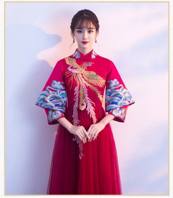 復(fù)古鳳凰刺繡中式禮服，中國(guó)風(fēng)結(jié)婚晚禮服