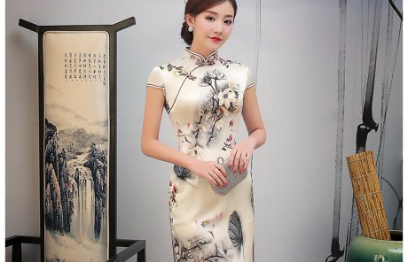 淡黃色印花旗袍，復古短款旗袍裙