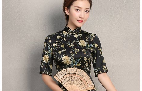 黑色時尚印黃花旗袍，奧黛旗袍裙