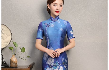 藍嬌印花旗袍，復(fù)古真絲旗袍裙
