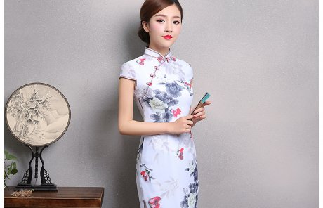 花美牡丹旗袍，復(fù)古中國風(fēng)短袖旗袍裙