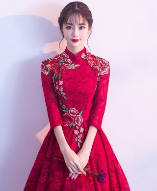 古典蕾絲中式禮服，優(yōu)雅花朵晚禮服