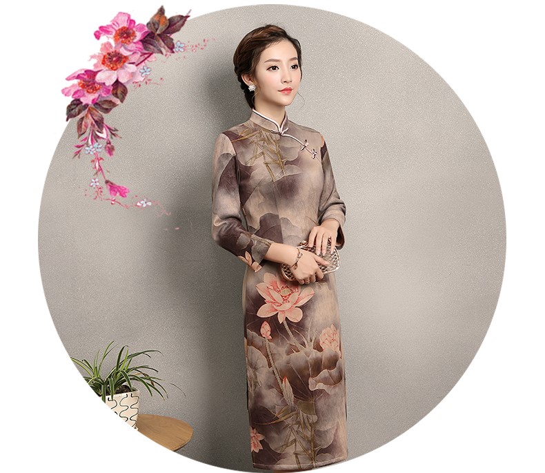 粉荷印花旗袍，中國風(fēng)復(fù)古旗袍裙