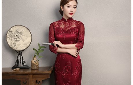 紅色蕾絲旗袍，復古刺繡旗袍裙