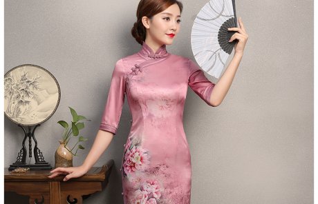 粉色墨畫旗袍，中袖真絲旗袍裙