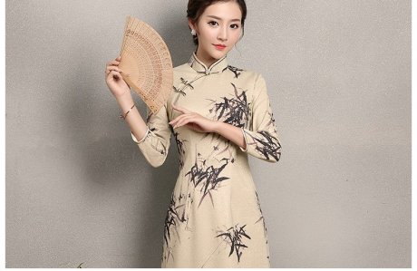 杏色墨竹旗袍，時(shí)尚中國風(fēng)旗袍裙