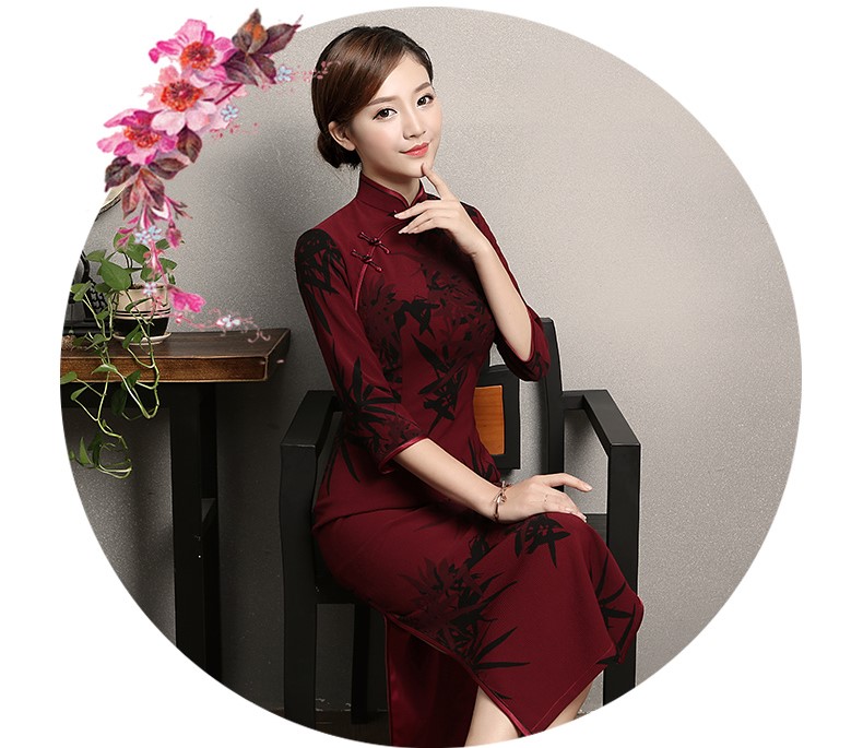 暗紅色竹香旗袍，古典中袖旗袍裙