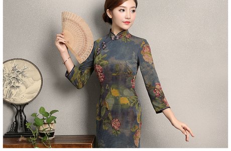 牡丹花色旗袍，古典中袖旗袍裙