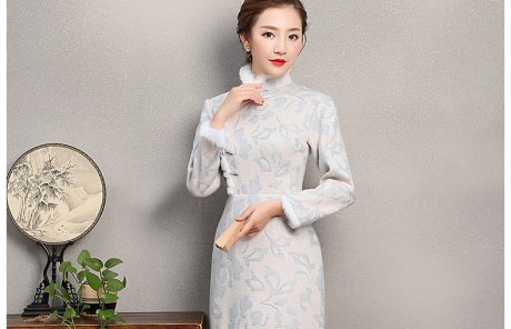 素凈淡雅旗袍，兔毛立領(lǐng)冬季旗袍裙