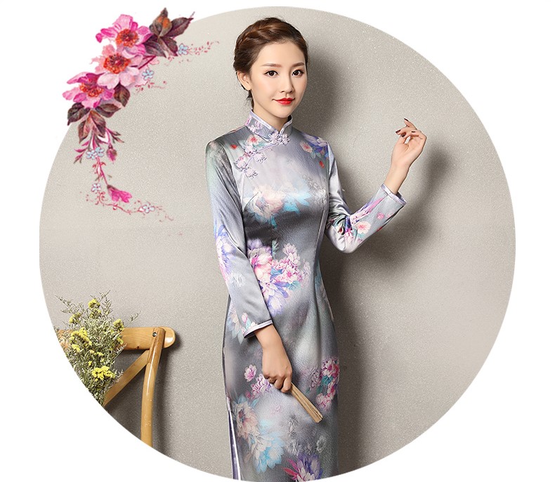 藍(lán)色提花孔雀旗袍，復(fù)古花域旗袍裙