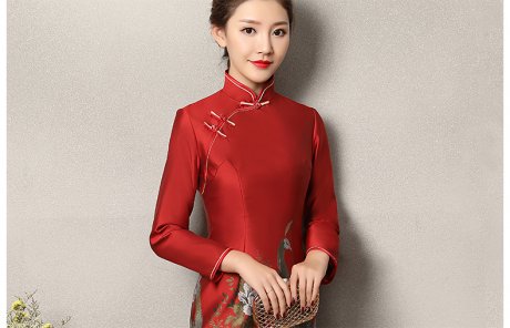 牡丹孔雀紅色旗袍，復(fù)古火鳳旗袍裙