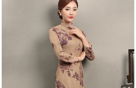 紫云牡丹印花旗袍，復(fù)古風(fēng)旗袍裙