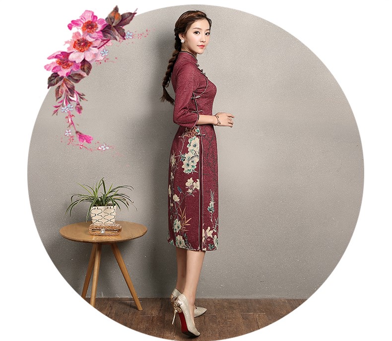 棗紅色奧黛風(fēng)旗袍，復(fù)古中式旗袍裙