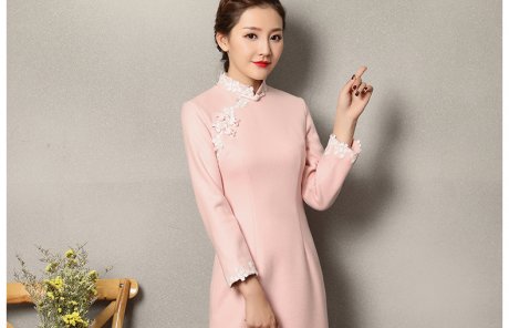 粉色蕾絲花邊旗袍，清純淑女旗袍裙