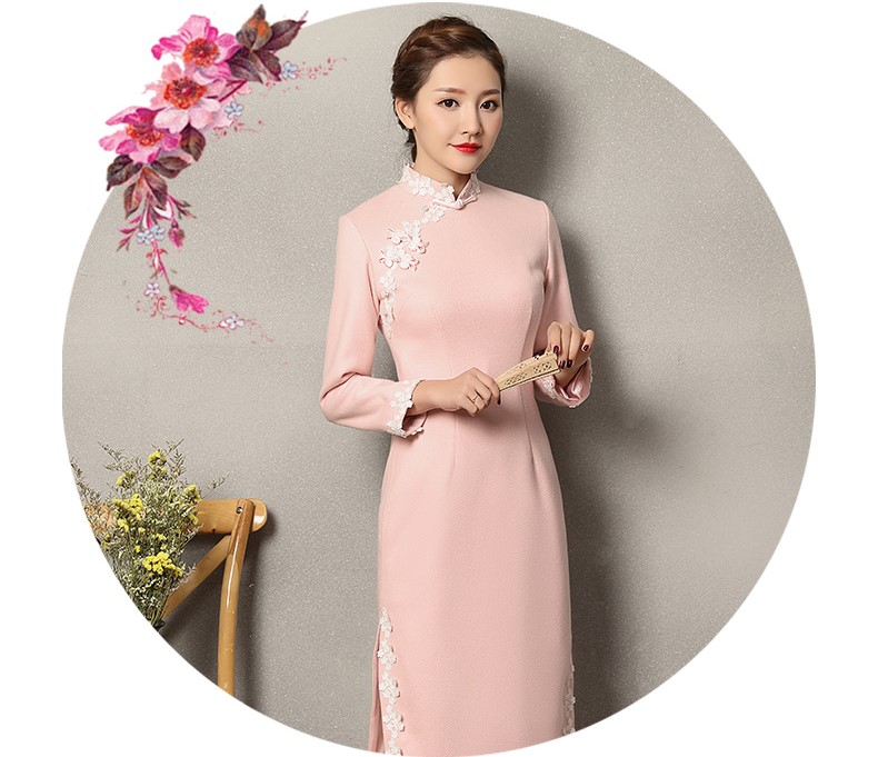 粉色蕾絲花邊旗袍，清純淑女旗袍裙