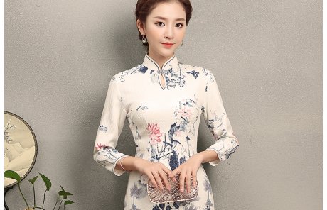 中國風(fēng)水墨荷花印花旗袍，復(fù)古中式白色旗袍裙