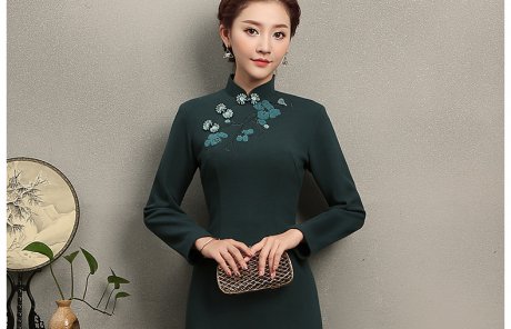 淺墨綠色繡花旗袍，碧嫻復(fù)古旗袍裙