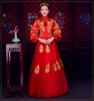 羽毛繡花蕾絲裙新娘禮服，時(shí)尚中式禮服
