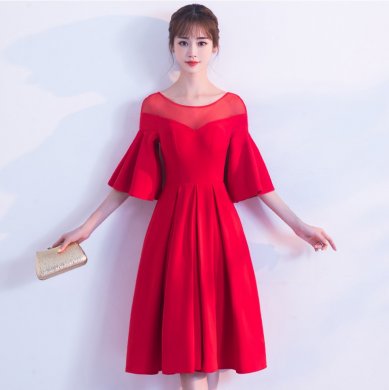時(shí)尚荷葉袖中長(zhǎng)款禮服裙，優(yōu)雅網(wǎng)紗中式禮服