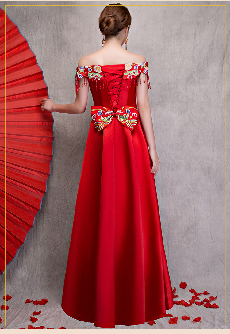 時尚一字肩無袖中式禮服，中國風新娘禮服