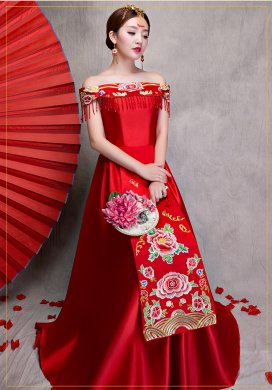 時(shí)尚一字肩無袖中式禮服，中國風(fēng)新娘禮服