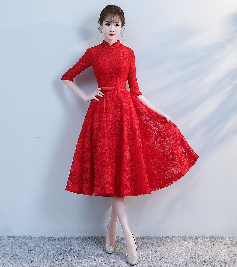 復古立領中式禮服，蕾絲中袖晚禮服