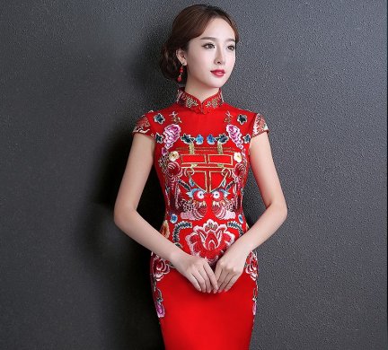 雙喜繡花中式禮服，魚尾修身晚禮服