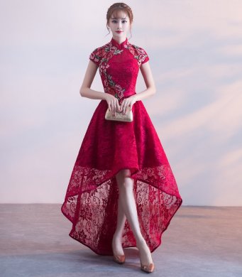 端莊優(yōu)雅中式禮服，前短后長(zhǎng)晚禮服