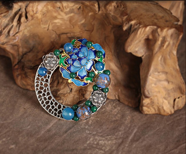 藍蓮花復古風毛衣胸針，中國風胸花飾品