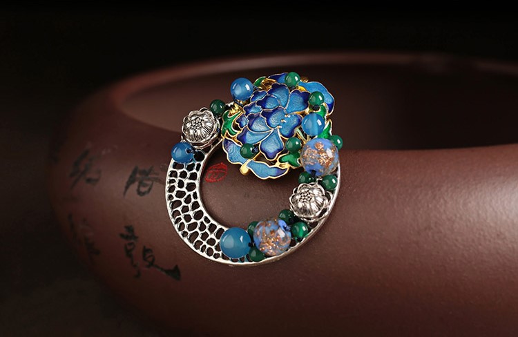 藍蓮花復古風毛衣胸針，中國風胸花飾品