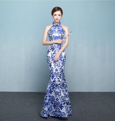 中式青花瓷旗袍禮服，時尚復(fù)古旗袍裙