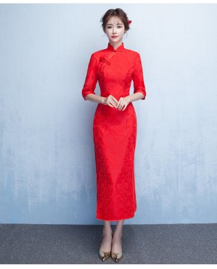簡約時尚中袖旗袍，復(fù)古紅色旗袍裙