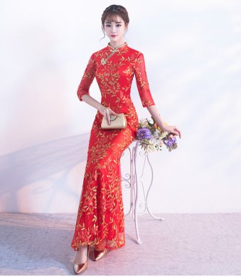 金絲葉子繡花旗袍，復古紅色旗袍裙