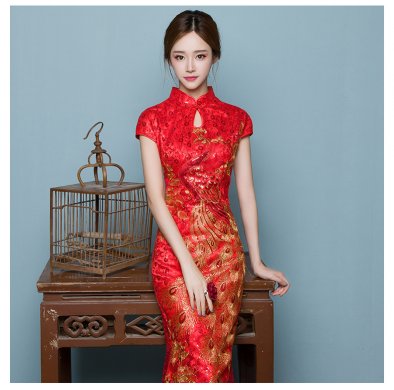 中國風魚尾中式禮服，紅色蕾絲繡花晚禮服