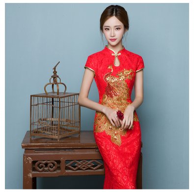 中國(guó)風(fēng)魚尾中式禮服，孔雀繡花晚禮服