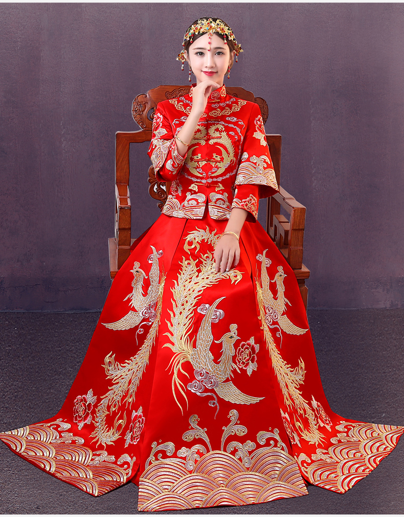 時(shí)尚中國(guó)風(fēng)中式禮服，精美奢華刺繡新娘禮服