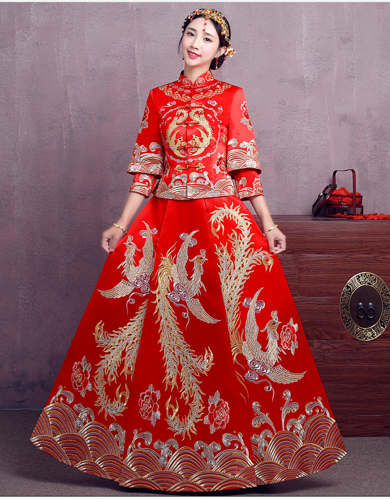 時(shí)尚中國(guó)風(fēng)中式禮服，精美奢華刺繡新娘禮服