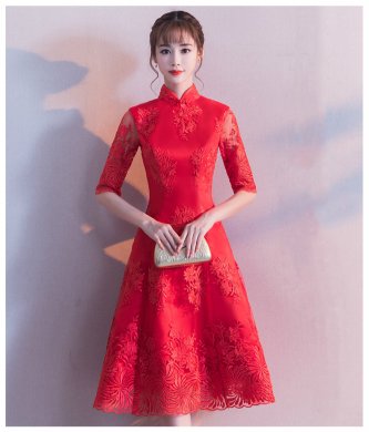中袖立領(lǐng)中式禮服，復(fù)古中國(guó)風(fēng)紅色晚禮服
