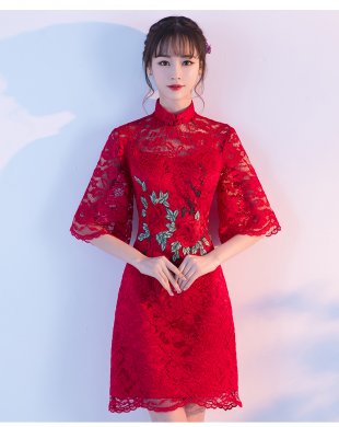 復(fù)古蕾絲敬酒服，紅色花朵中式禮服