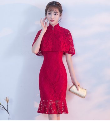 蕾絲披肩中式禮服，時(shí)尚荷葉邊魚(yú)尾裙晚禮服