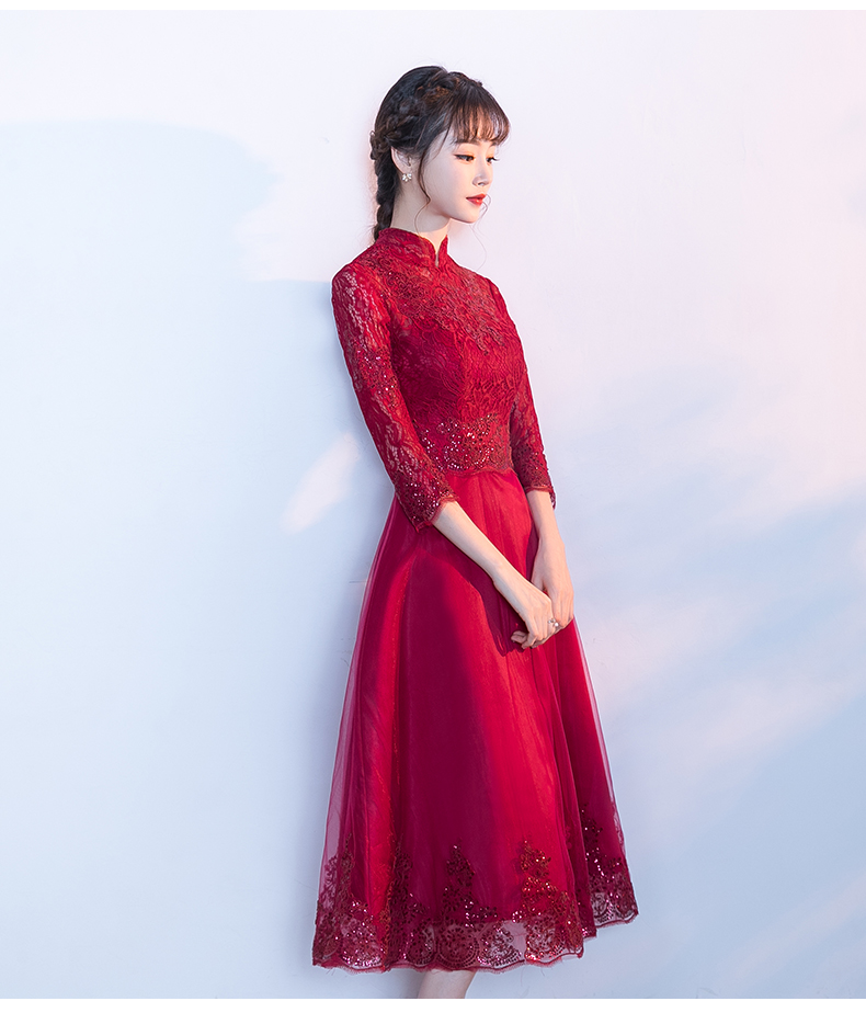 中國風紅色中式禮服，長袖修身晚禮服
