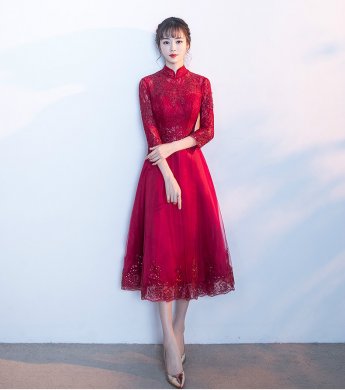 中國風(fēng)紅色中式禮服，長袖修身晚禮服