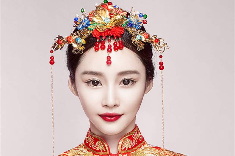 五彩金片花朵紅珠頭飾，新娘精美發(fā)飾