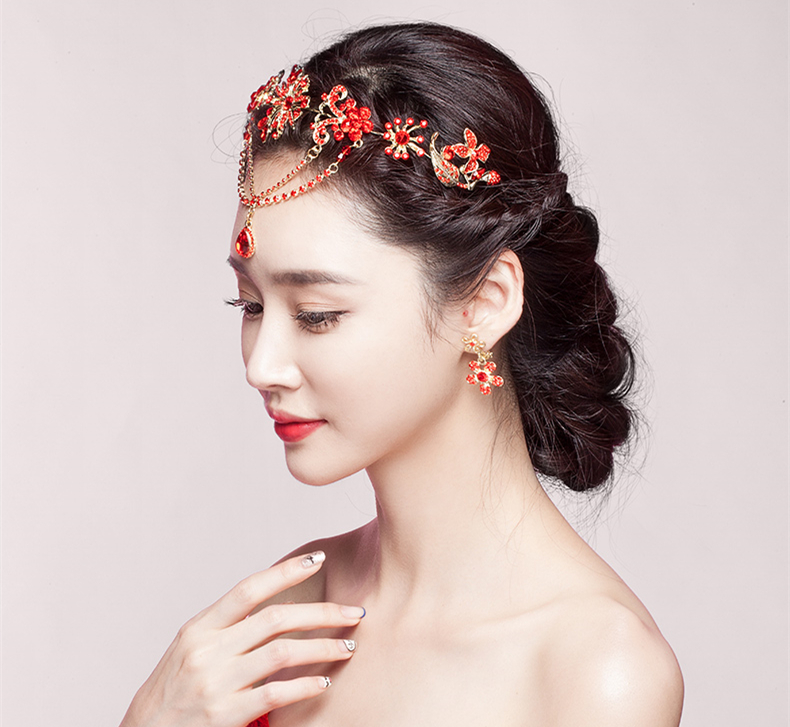 中式三件套裝敬酒服額飾，優(yōu)美盤發(fā)配飾發(fā)飾