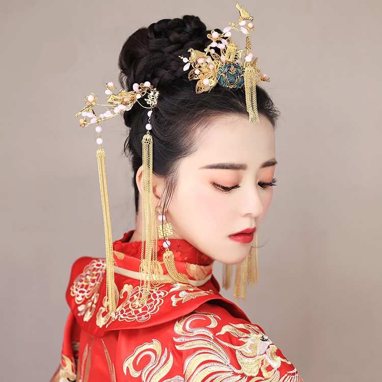 純手工精致金色流蘇發(fā)簪，新娘古風(fēng)頭飾