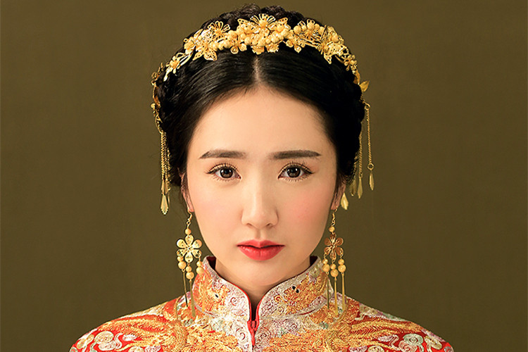 中式新娘步搖頭飾，金色古裝發(fā)飾套裝