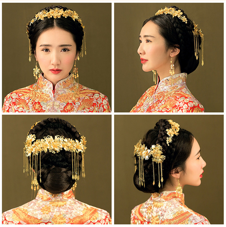 中式新娘步搖頭飾，金色古裝發(fā)飾套裝